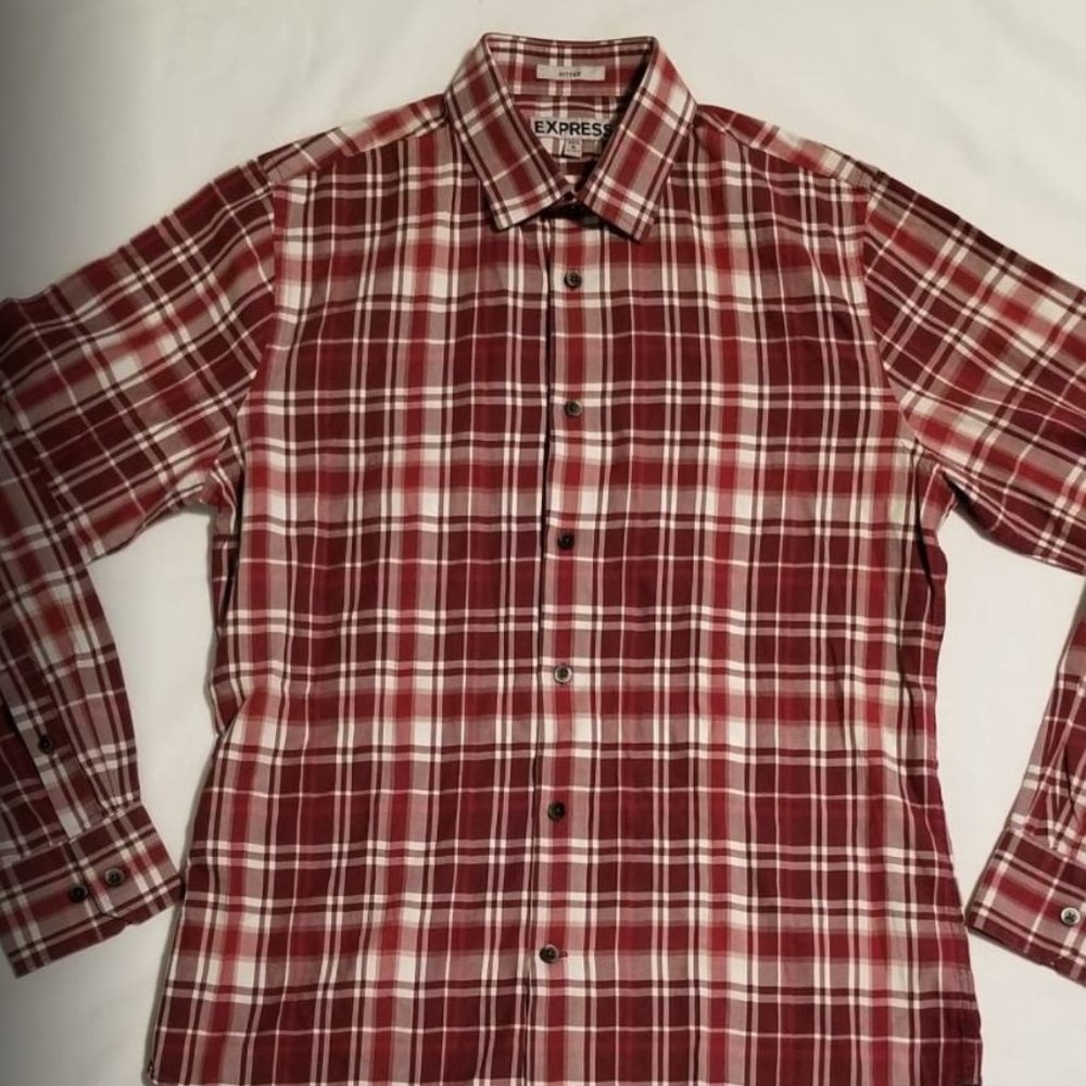 Mens EXPRESS Red Maroon Plaid Shirt Flannel Small